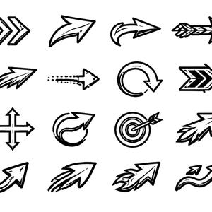 Op de afbeelding: Een verzameling handgetekende zwarte en witte pijlen in verschillende stijlen. Ontwerpen omvatten effen, dubbel omlijnde, gestippelde en gebogen pijlen, evenals een doel en een cirkelvormige pijl. Geschikt voor digitaal ontwerp.