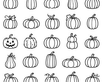 Pumpkin Line Art SVG Bundle – 25 Unique Black Outline Autumn Gourd Icons, Bold Minimal Line Drawings, White Background, Cricut Silhouette