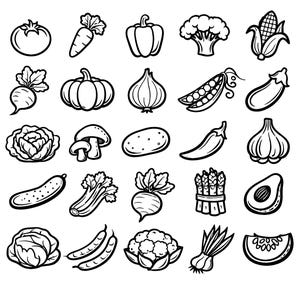 May include: Black and white line art illustrations of various vegetables, including a tomato, carrot, bell pepper, broccoli, corn, radish, pumpkin, onion, pea pods, eggplant, cabbage, mushroom, potato, chili pepper, garlic, cucumber, celery, beet, asparagus, and avocado.