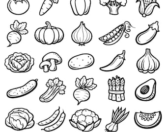 Paquete de íconos SVG de vegetales: 25 diseños únicos de productos con contorno negro, arte lineal en negrita, fondo blanco y archivos de corte de silueta para Cricut.