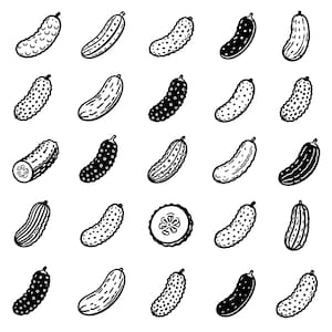 May include: A collection of black and white line art illustrations of cucumbers. The cucumbers vary in shape and texture, with some featuring dotted patterns, others with stripes, and one sliced cucumber showing the interior.