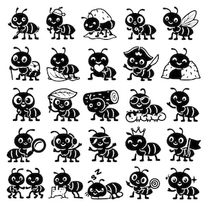 以下が含まれることがあります： 様々なポーズやアクセサリーを身につけた、白黒の漫画の蟻のイラストのコレクション。帽子をかぶったり、物を持ったり、羽が生えている蟻もいます。イラストはシンプルなグラフィックです。