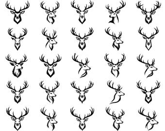 Paquete de SVG de cabezas de ciervo: 25 iconos de astas de ciervo distintos, gráficos de vida silvestre con contornos llamativos, arte de líneas limpias, fondo blanco, Cricut Silhouette