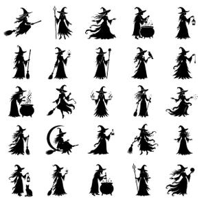 Könnte beinhalten: Muster aus schwarzen Hexensilhouetten auf weißem Hintergrund. Die Hexen werden in verschiedenen Posen dargestellt, darunter das Fliegen auf Besen, das Wirken von Zaubersprüchen und das Brauen von Tränken. Ein Halloween-Thema.
