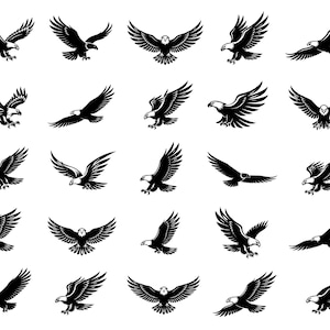 Op de afbeelding: Een verzameling van vijfentwintig zwart-wit grafische illustraties van adelaars in verschillende vliegposities, waaronder zwevende, duikende en landende houdingen, weergegeven in een raster op een witte achtergrond.