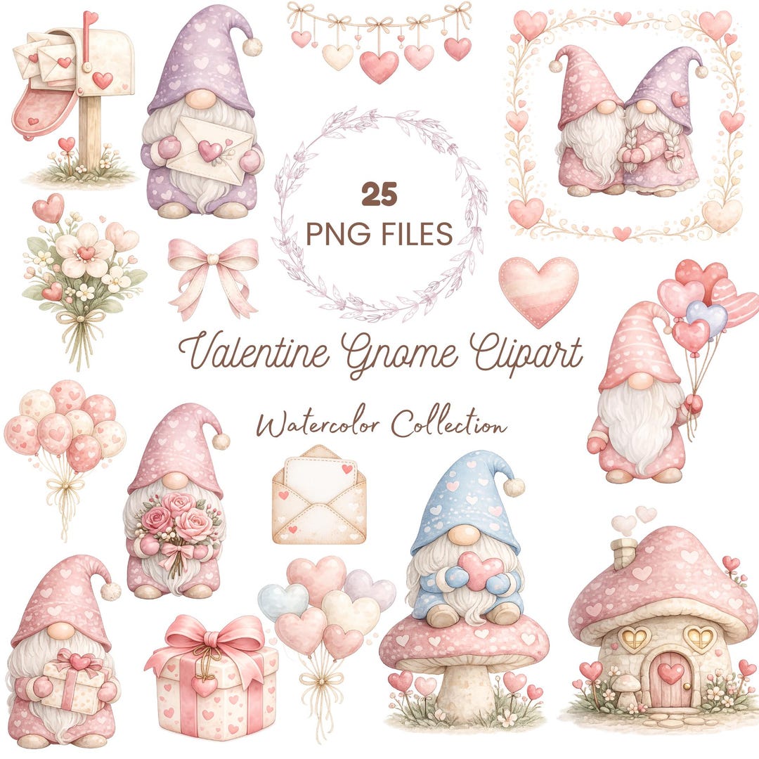 Valentine Gnome Watercolor Clipart | Cute Love Gnome Set | 25 PNG Files ...