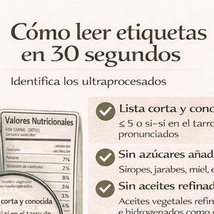 May include: Spanish infographic on food labels, with text and images of yogurt and ingredients. The text provides tips on identifying ultra-processed foods, including avoiding added sugars and refined oils. Measurements are in metric.