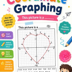 Könnte beinhalten: Ein farbenfrohes Arbeitsblatt mit dem Titel "Coordinate Graphing" zeigt ein herzförmiges Diagramm. Das Arbeitsblatt enthält ein Raster, beschriftete Punkte und Anweisungen zum Zeichnen von Punkten. Zusätzliche Elemente sind ein Cartoon-Junge, ein Bleistift und Textfelder.