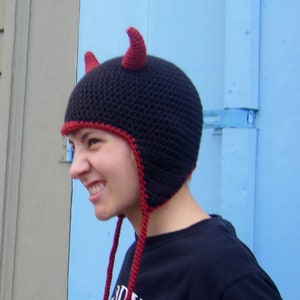 DIGITAL CROCHET PATTERN: Devilish Devil Hat with Earflaps, Toddler-Adult Sizes