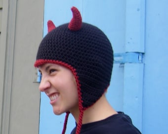 DIGITAL CROCHET PATTERN: Devilish Devil Hat with Earflaps, Toddler-Adult Sizes