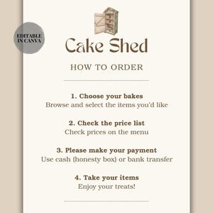 May include: A beige sign with the text "Cake Shed" and "How to Order." It includes instructions: Choose your bakes, Check the price list, Please make your payment, and Take your items. The sign is a Canva template for home bakeries.