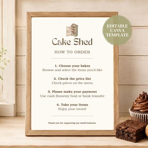 Cartel editable de Cake Shed para hacer pedidos, plantilla imprimible de Canva, póster de caja de la honestidad, instrucciones para pedidos de panadería casera, descarga digital.