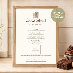Cartello modificabile "Come pagare" per Cake Shed, modello Canva stampabile, scatola per l'onestà della pasticceria con codice QR, poster con istruzioni di pagamento, download digitale.