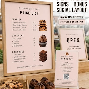 May include: A set of editable bakery signage templates in a light pink color scheme with black text, including a price list for cookies, cupcakes, and brownies, an open sign, and a payment instruction card with a QR code, all in A4 and US Letter sizes.