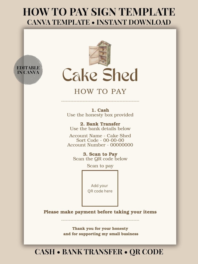 Editable Cake Shed How to Pay Sign, Printable Canva Template, Bakery ...