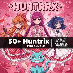 May include: Digital art featuring three anime-style girls with long hair, dressed in pink and white outfits, holding heart-shaped wands. The image includes the text "HUNTRRX" and "50+ Hunrtrix PNG Bundle | Instant Download" on a pink background with hearts and roses.
