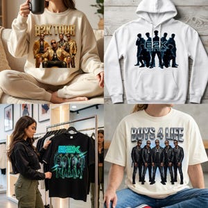 May include: Collection of apparel featuring B2K tour and Boys 4 Life designs. Includes a cream-colored sweatshirt with a group photo and "B2K TOUR" text, a white hoodie with a silhouette graphic, and two t-shirts.