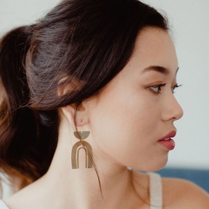 Gold Geometric Earrings - Brass Gold Studs - Big Trendy Earrings - Boho Dangle - Chandelier Arch Earrings