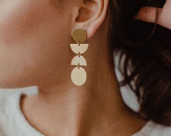 Gold Brass Geometric Statement Earrings, studs, sterling silver posts