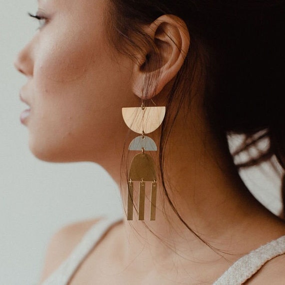 Gold Geometric Earrings Brass Gold Studs Big Trendy Earrings Boho