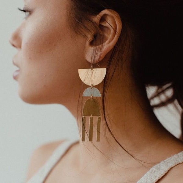 Gold Geometric Earrings - Brass Gold Studs - Big Trendy Earrings - Boho Dangle - Chandelier Arch Earrings