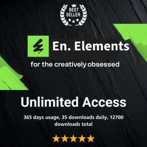 Puede incluir: Gráfico con el texto "BEST SELLER" y "En. Elements" en blanco. El texto "for the creatively obsessed" está debajo de "En. Elements". Las palabras "Unlimited Access" están en blanco grande. La imagen también incluye cinco estrellas doradas.