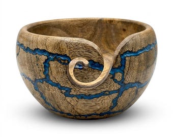 Handcrafted Wooden Yarn Bowl with Blue Resin Inlay – Knitting Crochet Yarn Holder