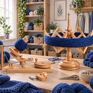Può includere: Un avvolgitore per lana in legno e un arcolaio in legno che sostiene una grande matassa di filato blu scuro. Il set include un meccanismo a manovella, un perno centrale e una struttura circolare, disposti su una superficie in legno.