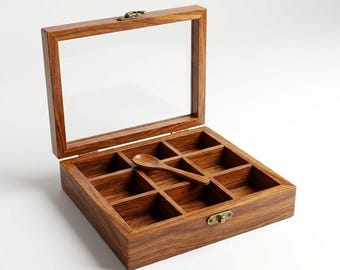 Wooden Spice Box Masala Dabba Organizer, 9 Compartment Kitchen Storage Lid