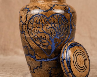 Handmade Wooden Resin Memorial Urn – Tree of Life Heart Ashes Urn, Unique Epoxy Wood Cremation Urn, Keepsake Funeral Urn, Handmade India