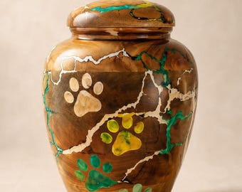 Personalized Wooden Pet Urn – Paw Print Dog Cat Ashes Urn, Handmade Resin Memorial Urn, Custom Pet Keepsake, Cremation Urn Gift