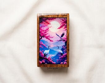 Artistic Wooden Resin Urn – Moon & Crane Memorial Ashes Urn, Handmade Cremation Urn, Unique Decorative Keepsake Urn