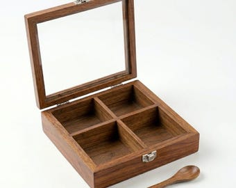 Rosewood Dry Fruit Box with Lid and Spoon | 4 Compartment Snack Organizer