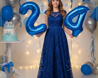 Blue Number Foil Balloon 32 Inch Helium Birthday Party Decoration with Ribbon