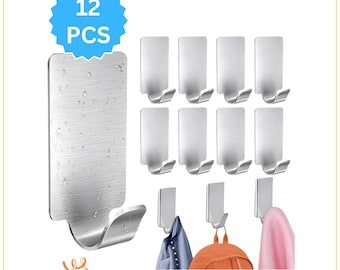 12 Stainless Steel Adhesive Coat Hooks Heavy Duty Self Adhesive Wall Hangers No Drill Bathroom Kitchen