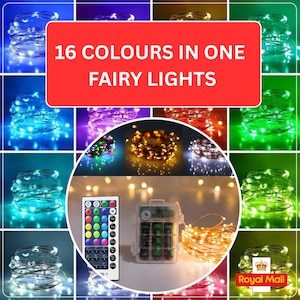 May include: An image featuring fairy lights with the text "16 COLOURS IN ONE FAIRY LIGHTS". The image includes a remote control, a battery pack, and examples of the lights in various colours, including blue, green, and gold.