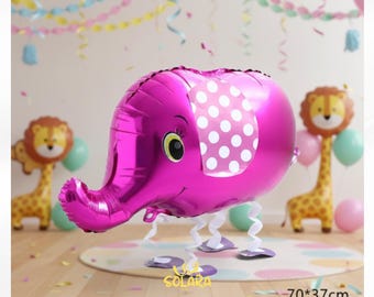 Pink Elephant Walking Balloon 70cm Airwalker, Helium Kids Birthday Party Decoration with Ribbon