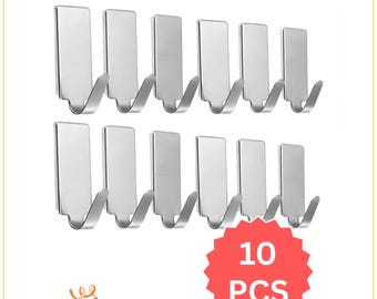 10 Pcs Stainless Steel Self Adhesive Hooks Heavy Duty Wall Mount Silver No Drill Bathroom Kitchen