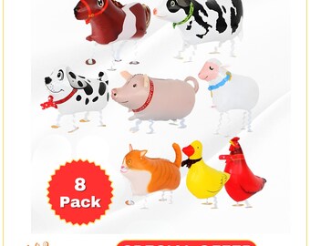8 Pack Farm Animal Walking Balloons Airwalker Helium Party Pets Kids Birthday Decoration