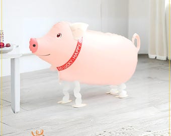 Walking Pig Balloon 60cm Airwalker Helium Pet Kids Birthday Party Decoration with Ribbon