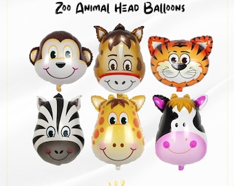 Zoo Animal Head Balloons 6pcs Helium Foil Kids Birthday Party Decoration Set