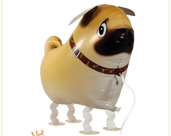 Pug Dog Walking Balloon 60cm Airwalker, Helium Pet Kids Birthday Party Decoration with Ribbon