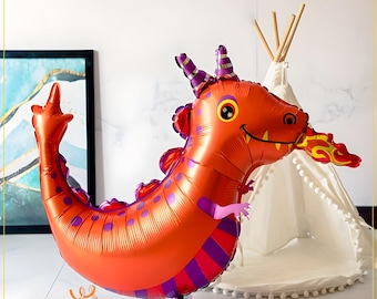 Red Dragon Walking Pet Balloon 99cm Airwalker, Helium Fantasy Kids Birthday Party Decoration with Ribbon