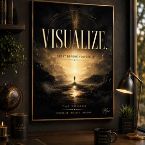 May include: A framed vertical wall art print featuring a dark, dramatic landscape with a glowing horizon and a silhouette of a person. The text reads VISUALIZE. SEE IT BEFORE YOU SEE IT. THE SOURCE. VISUALIZE. BELIEVE. RECEIVE. with a signature M22.
