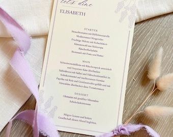 Elegant lavender menu cards in Regency style | Romantic menu cards with place cards | Lavender Wedding | Canva template