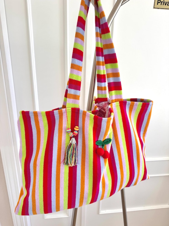 Colorful Terry Cloth Beach Bag, Large Cotton Tote with Lining, Handmade Striped Summer Bag, Lightweight Travel Tote, Pool Bag