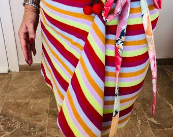 Handmade Terry Cloth Wrap Skirt – Multicolor Beach Cover-Up with Cherry Detail