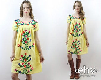Yellow Mexican Dress Embroidered Dress Festival Dress Hippie Dress Hippy Dress Boho Dress Bohemian Dress Summer Dress 70s Dress 1970s Dress