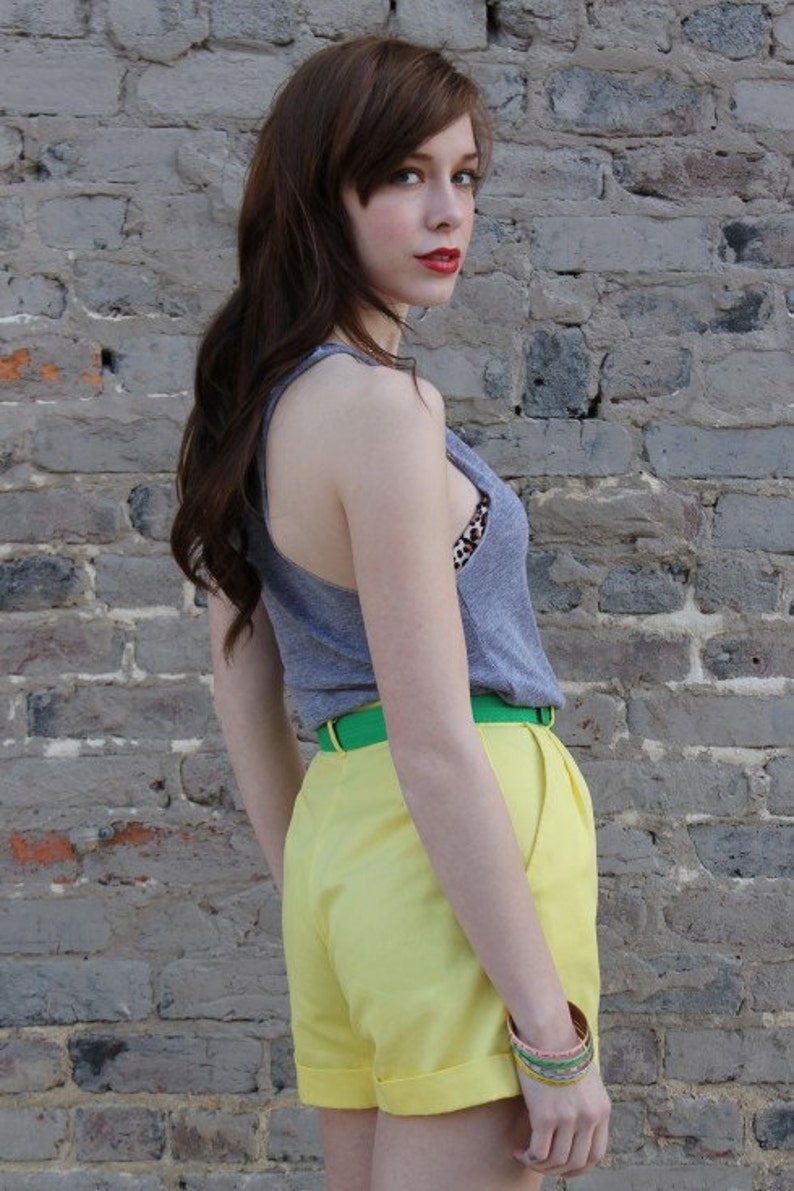 Yellow Shorts High Waisted Shorts High Waist Shorts Vintage 70s Yellow High Waisted Cuffed Pleated Shorts XXS XS S