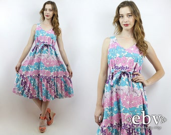 Floral Dress Summer Dress 70s Dress 70s Sundress Vintage 70s Pink + Purple + Blue Ruffled Floral Sundress M 1970s Dress Floral Midi Dress